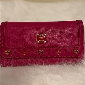 MCM Hot Pink Saffiano Leather Continental Wallet with Gold Hardware